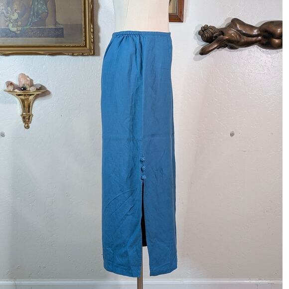 Norton Studio Blue Linen Midi Skirt Side Button Detail Minimalist Size L - Picture 2 of 5